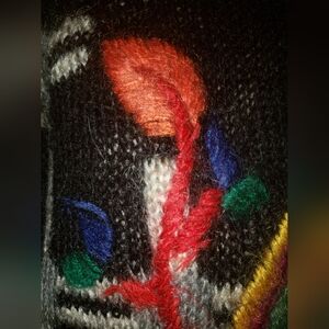 True vtg Ashley Brooke 70% mohair yard embroidery black multi color turtleneck L